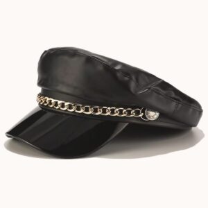 Sexy Newsboy Cap Leather With Chain Black