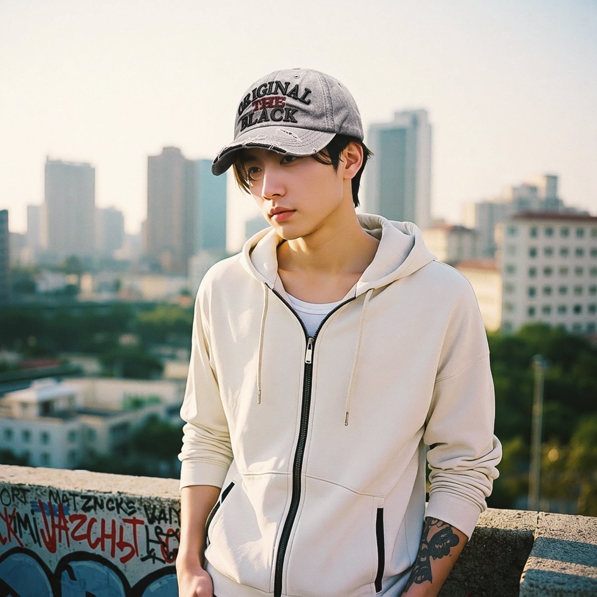Caps vintage embroidered distressed washed denim baseball cap the black model posing