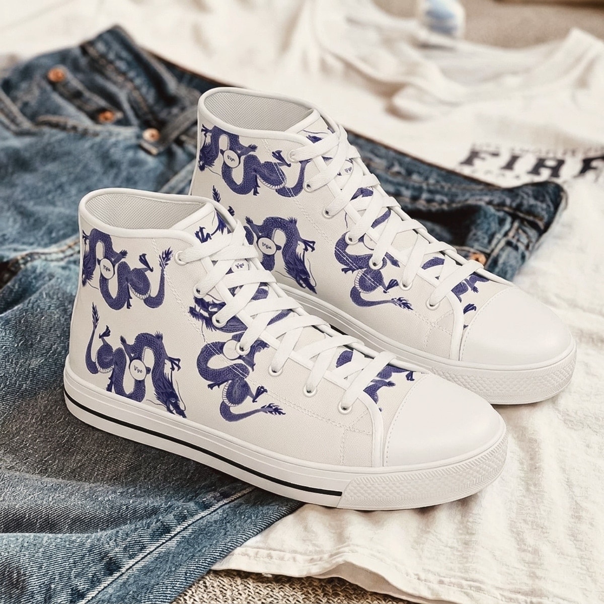 Footwear men hightop sneakers white canvas upper lining white rubber sole chinese blue dragon