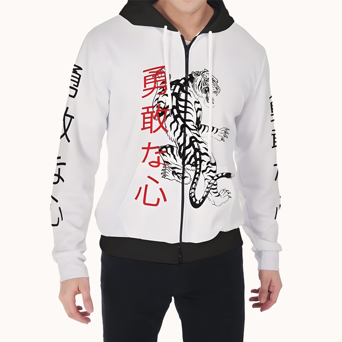 Hoodie Men Printed Graphic Zip Up Hoodie Harajuku Japanese Vintage Tiger