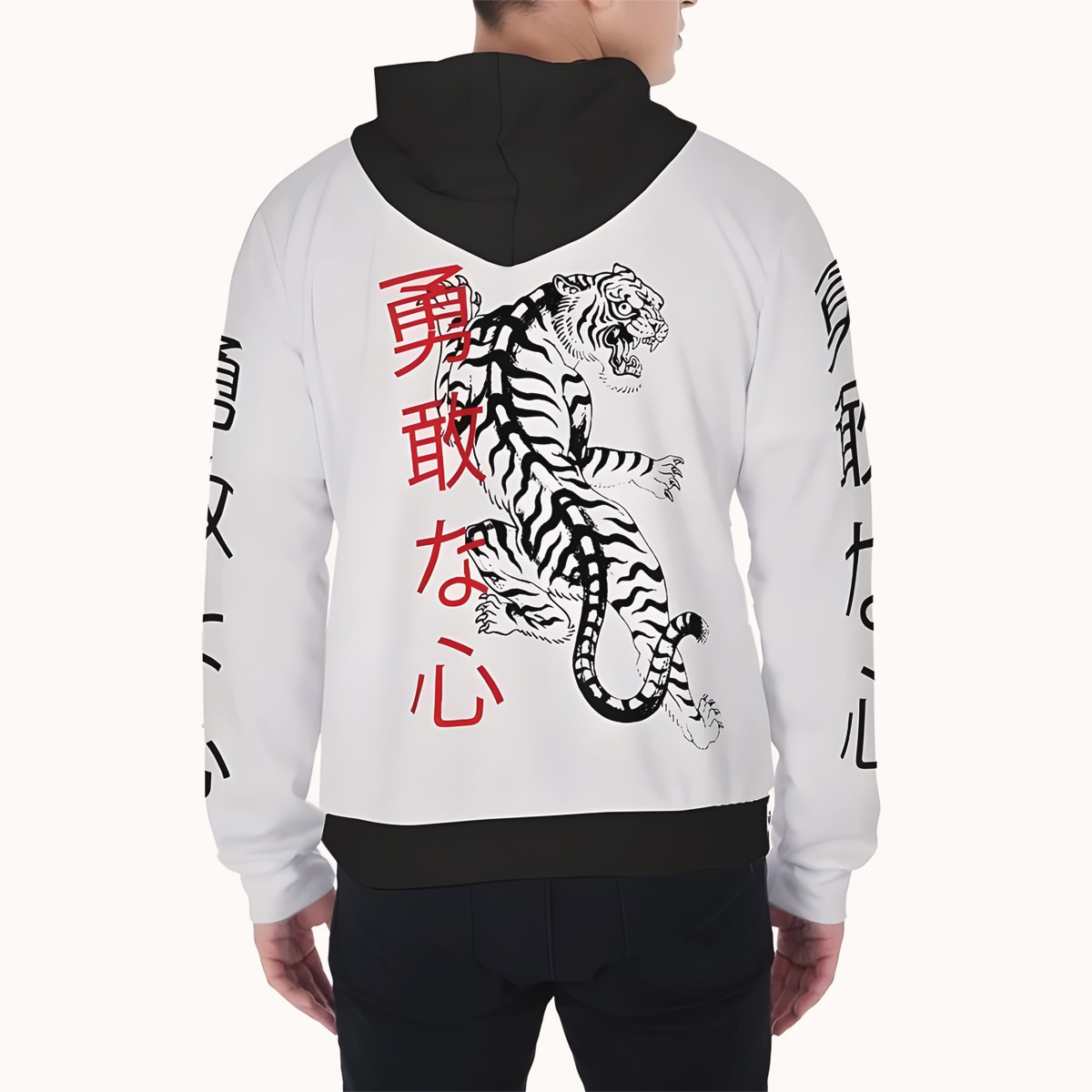 Hoodie Men Printed Graphic Zip Up Hoodie Harajuku Japanese Vintage Tiger_ Back