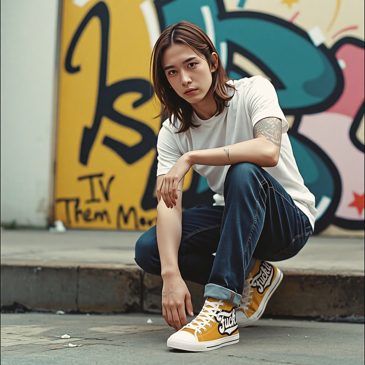 Footwear men high top canvas sneakers white rubber sole fresh graffiti fuck it