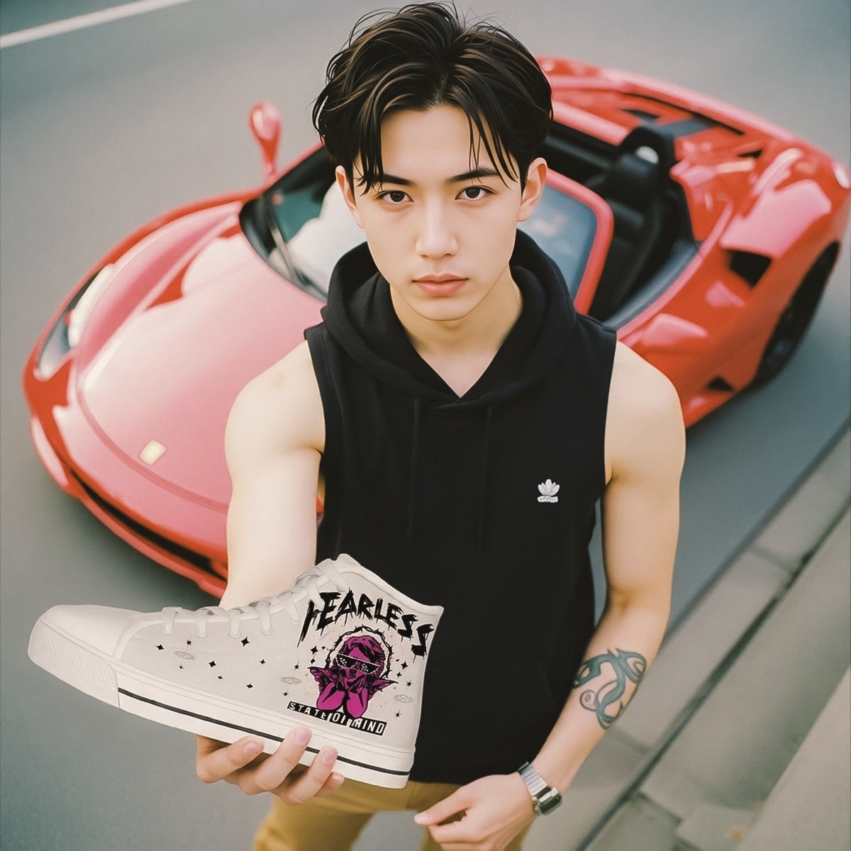 Footwear men high top sneakers light grey canvas white rubber sole pink graffiti artwork Fearless Mind