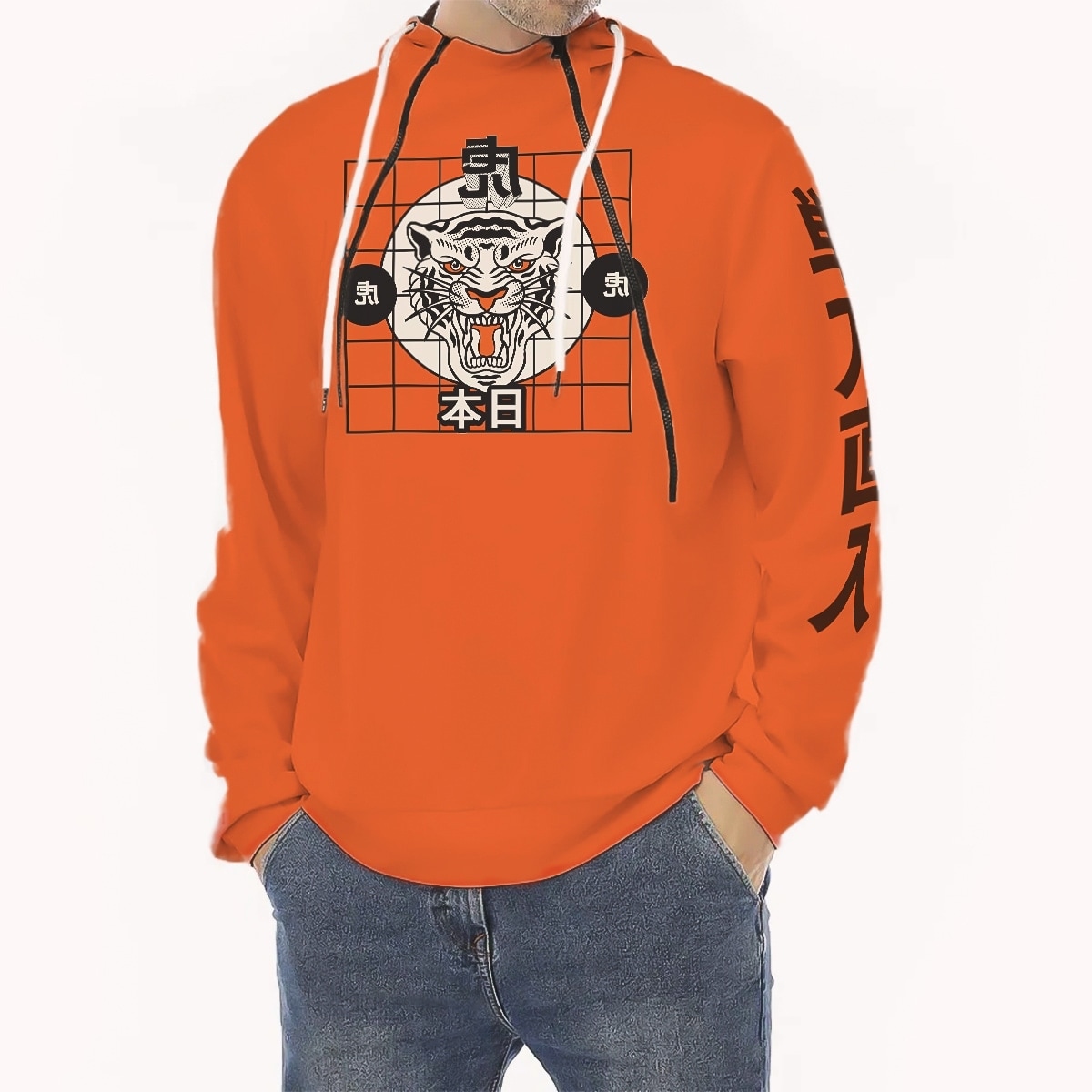 Hoodie Men Double Zip Hoodie Japanese Tiger Head Print