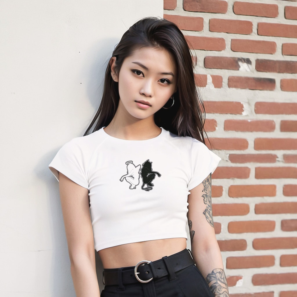 White Cap Sleeve Crop Top Womens With Angel And Devil Print