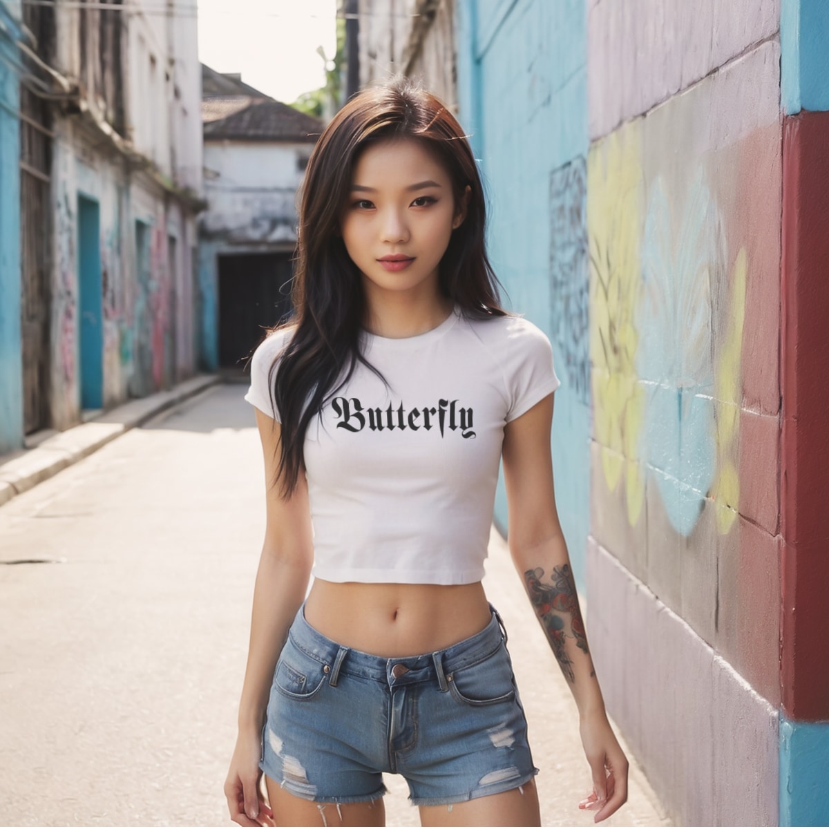 White Womens Cap Sleeve Crop Top With Gothic Butterfly Text Print