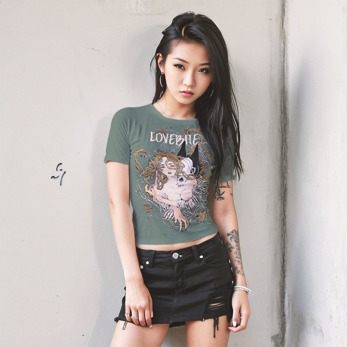 T shirt women army green vintage kitsch love bite
