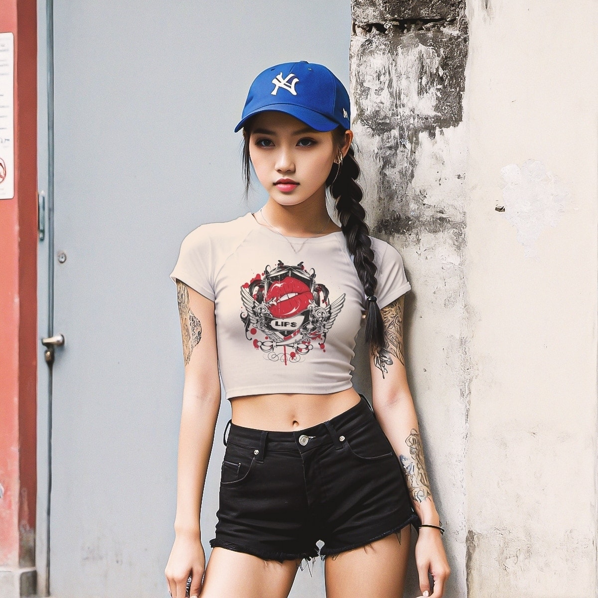 Women crop top cap sleeves beige graffiti LIPS