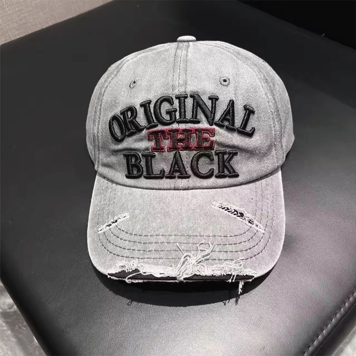 Caps distressed washed vintage embroidered denim baseball cap the black grey