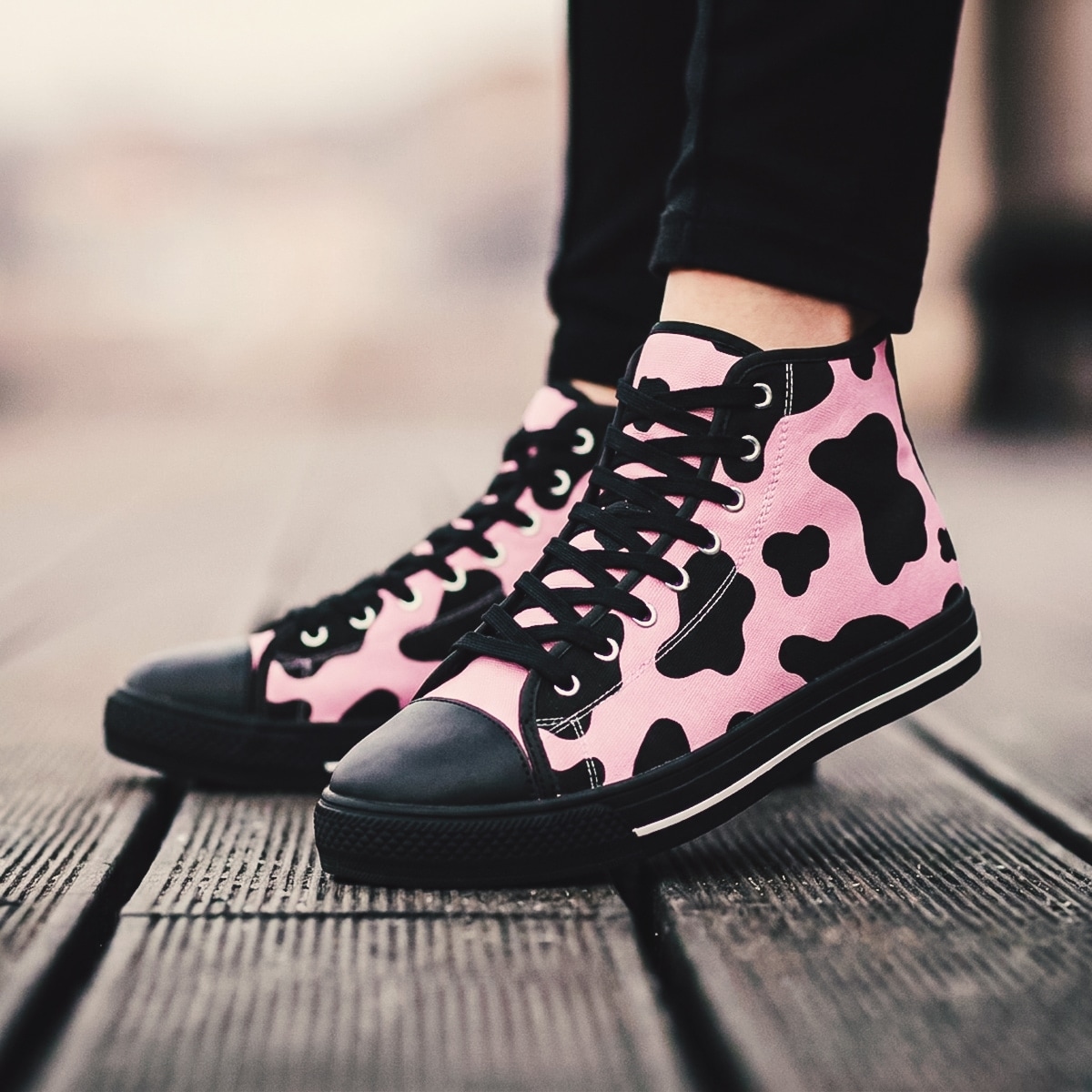 Footwear women high top sneakers pink cow print black rubber soles canvas lining pink black cow pattern