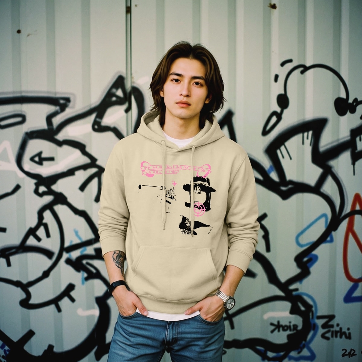 Hoodie men pull over cotton graphic hoodie draw strings feel lucky punk