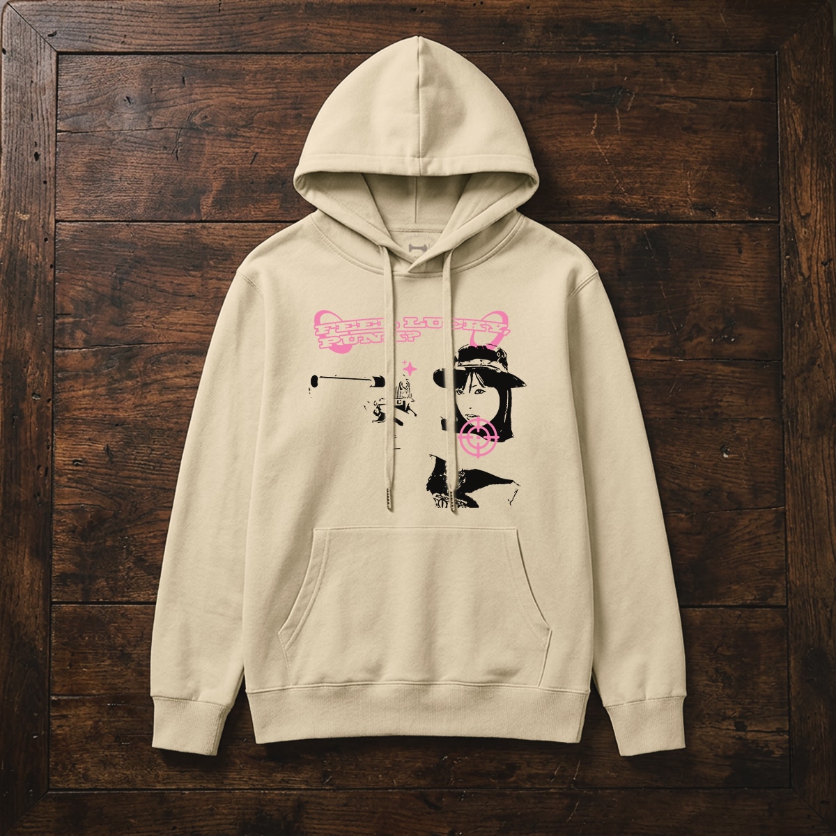 Hoodie men pull over cotton graphic hoodie draw strings feel lucky punk flat on table