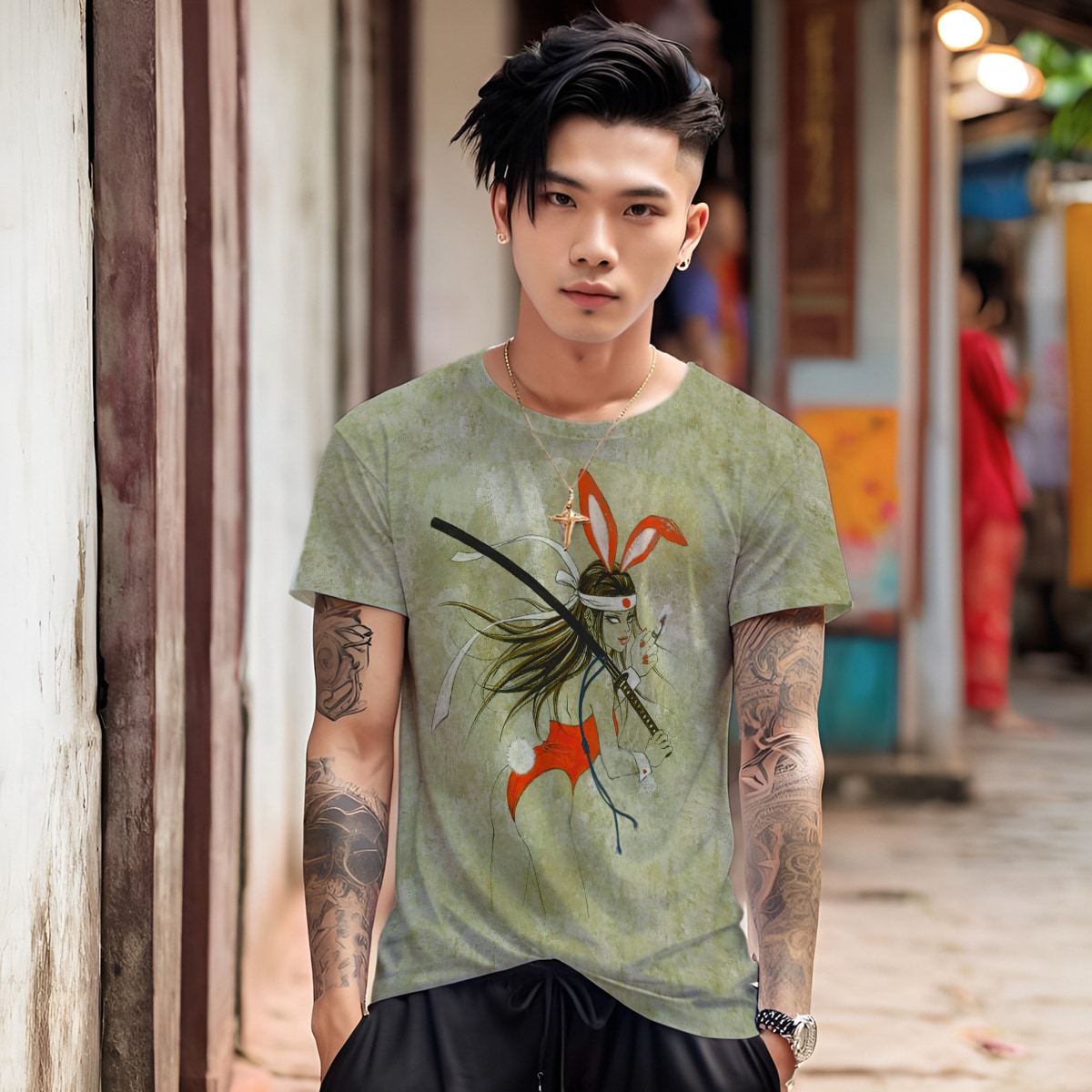 T shirt men 3D tee vintage kitsch samurai bunny