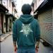 Hoodie men dark blue classic pull over hoodie clenched fist graphics blue monday backside