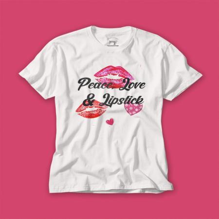 T-shirt for women white cotton with Peace Love And Lipstick print