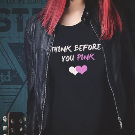 T-shirt for women with Think Before You Pink print, black cotton