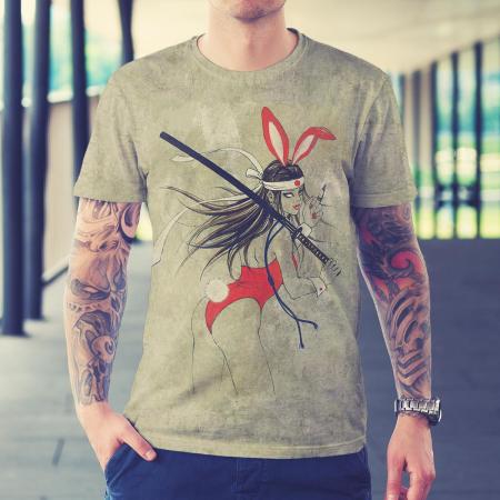 T-shirt for men with vintage kitsch samurai bunny