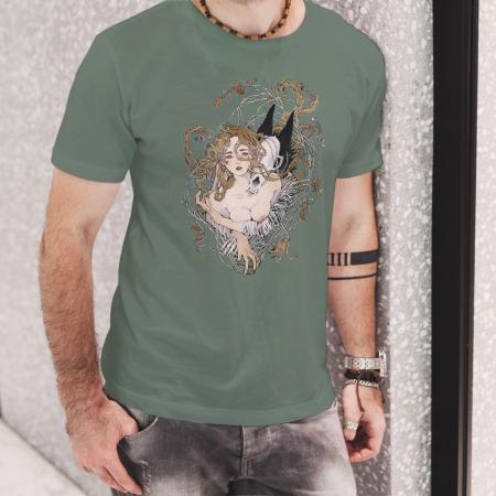 T-shirt for men with vintage kitsch print, army green