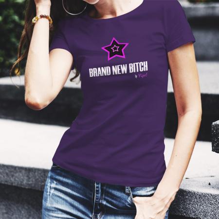 T-shirt for women with Brand New Bitch print, dark purple