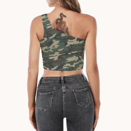 One shoulder camo tank top for women with camouflage pattern, backside