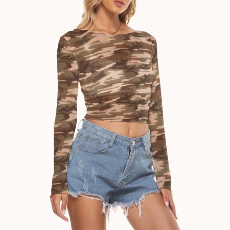 Crop top with brown camouflage pattern and long sleeves