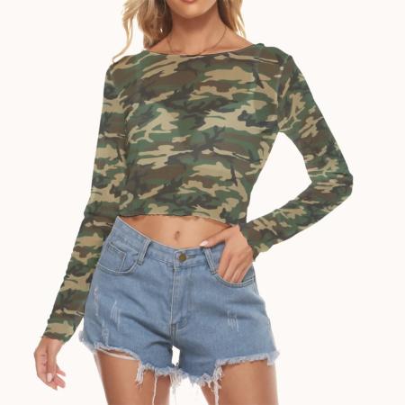 Camo crop top with long sleeves and mesh fabric
