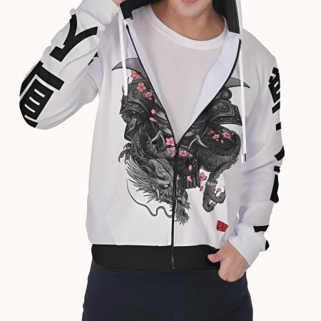 Zip-up hoodie for men with pockets, draw strings and samurai print