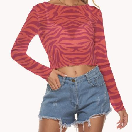 Mesh crop top for women with red and orange zebra stripes, long sleeves