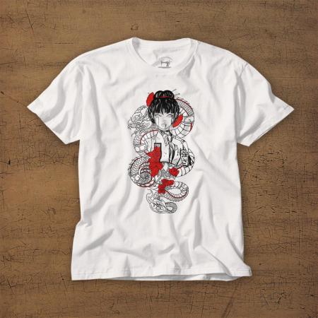 T-shirt for men white cotton with Japanese red anime dragon girl print