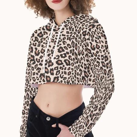 Crop hoodie with leopard print and long sleeves, draw strings