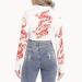 Tops Women White Cropped Long Sleeve Blouse with Dragon Print Back Side