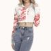 Tops Women White Cropped Long Sleeve Blouse Dragon Print