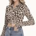 Tops Women Cropped Blouse Long Sleeve Leopard Print, printed placket
