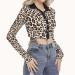 Tops Women Cropped Blouse Long Sleeve Leopard Print, black colored Placket