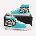 Footwear women hightop sneakers blue color canvas white rubber sole graffiti fuck it artwork